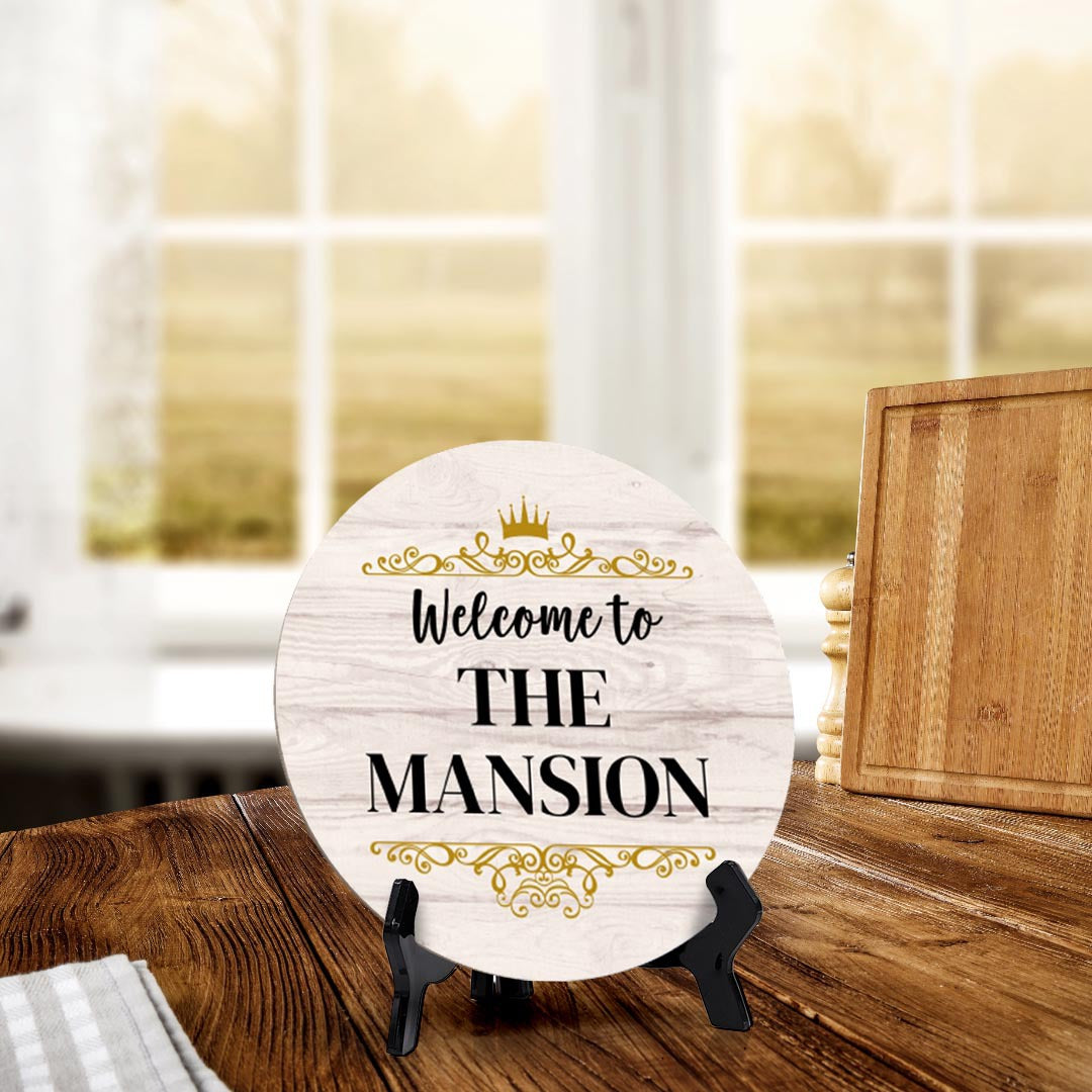 Signs ByLITA Circle Welcome to the Mansion Wood Color, Entrance Decor Table Sign (5"x5")