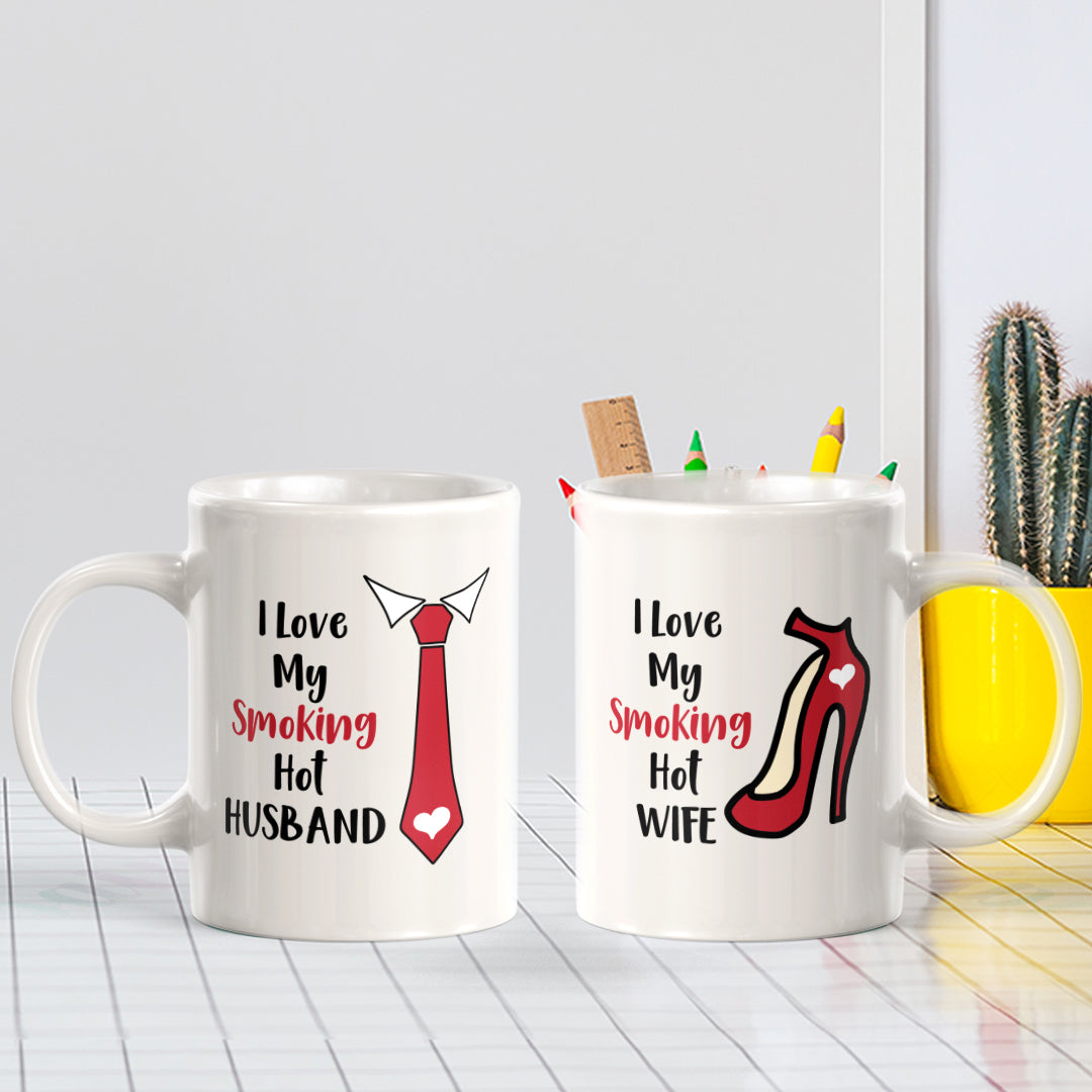 I love My Smoking Hot Husband and Wife 11oz Ceramic Mug (2 pack) | Pair of His and Hers Funny Romantic Novelty Mugs