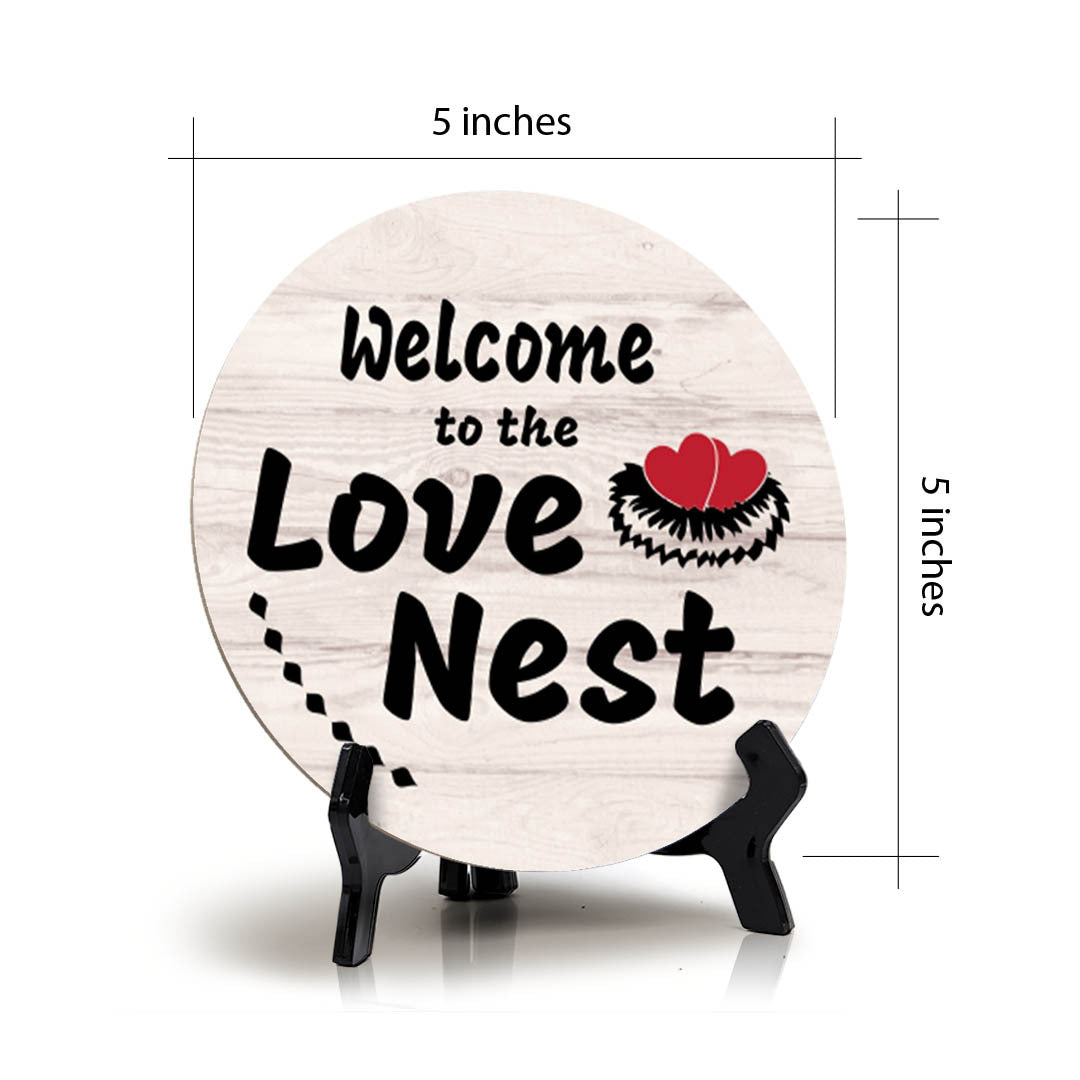 Signs ByLITA Circle Welcome to the Love Nest Wood Color, Entrance Decor Table Sign (5"x5")