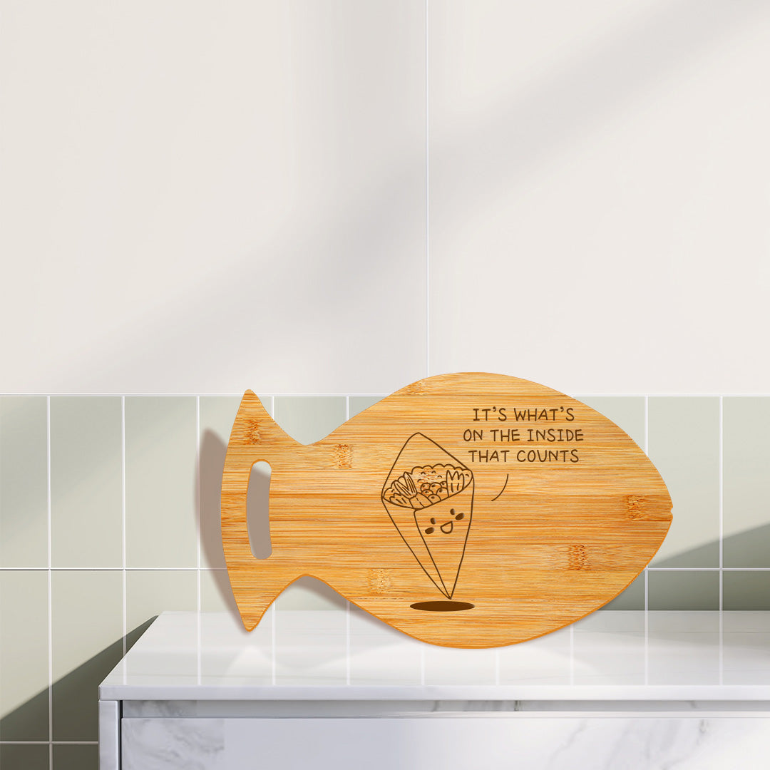 It's What's On The Inside That Counts 14 x 8.5" Fish Shape Cutting Board | Decorative Kitchen Accessory For Sushi Lovers