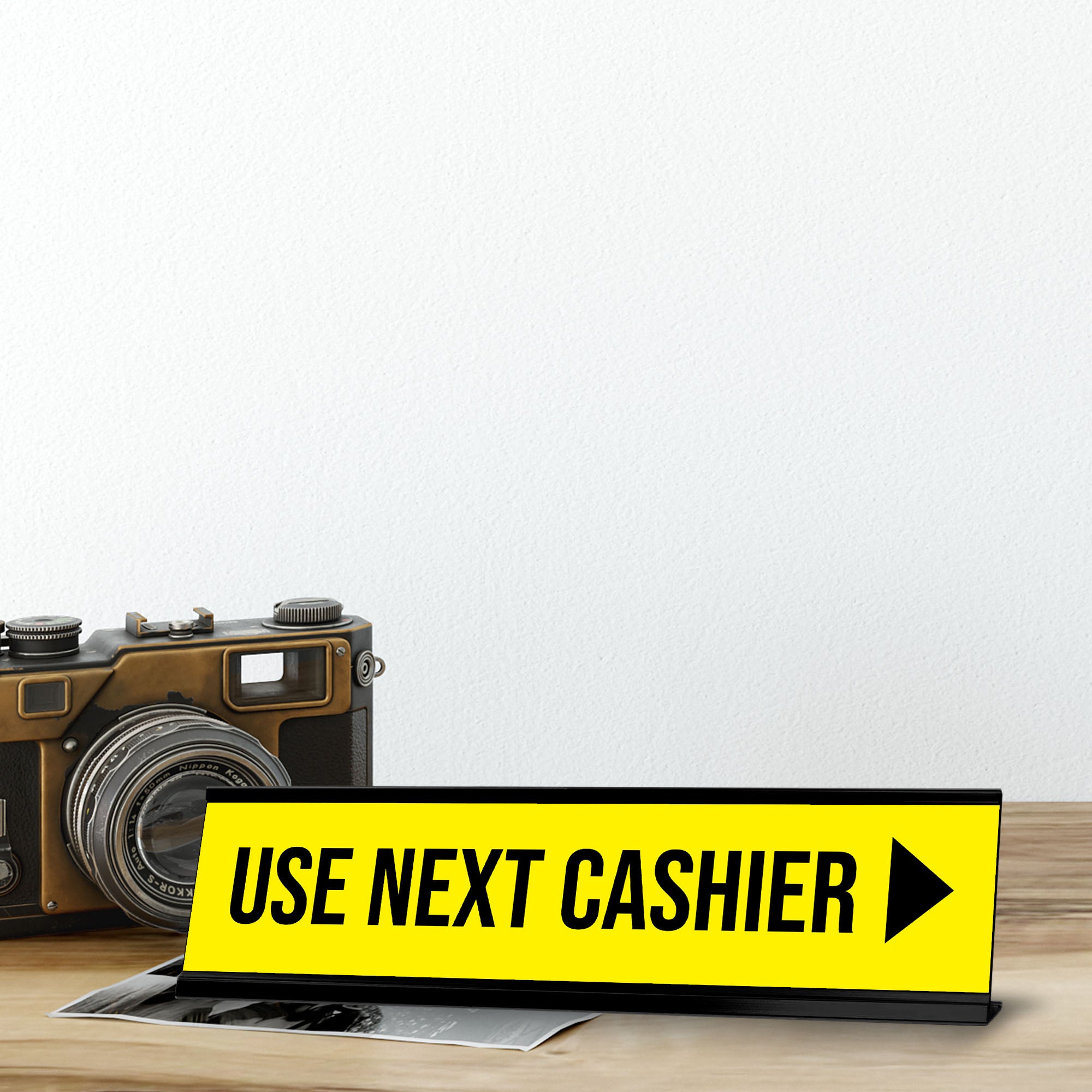 Use Next Cashier, Yellow Black Frame, Desk Sign (2x8")