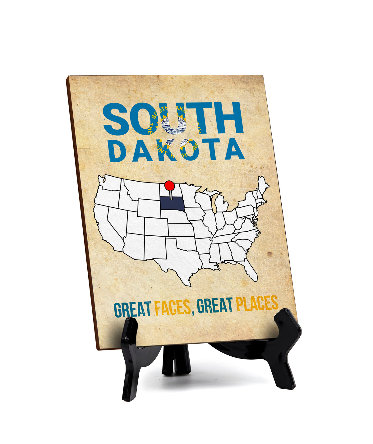 South Dakota: Great Faces, Great Places Table Sign with Acrylic Stand (6x8“) | State Pride Collection | Perfect Gift for Coworkers or Family