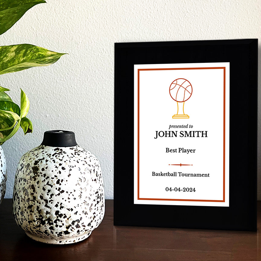 Basketball Customizable Black Frame Wooden Award Plaque | Easel Mount Option | Achievement and Recognition Personalizable Plaques