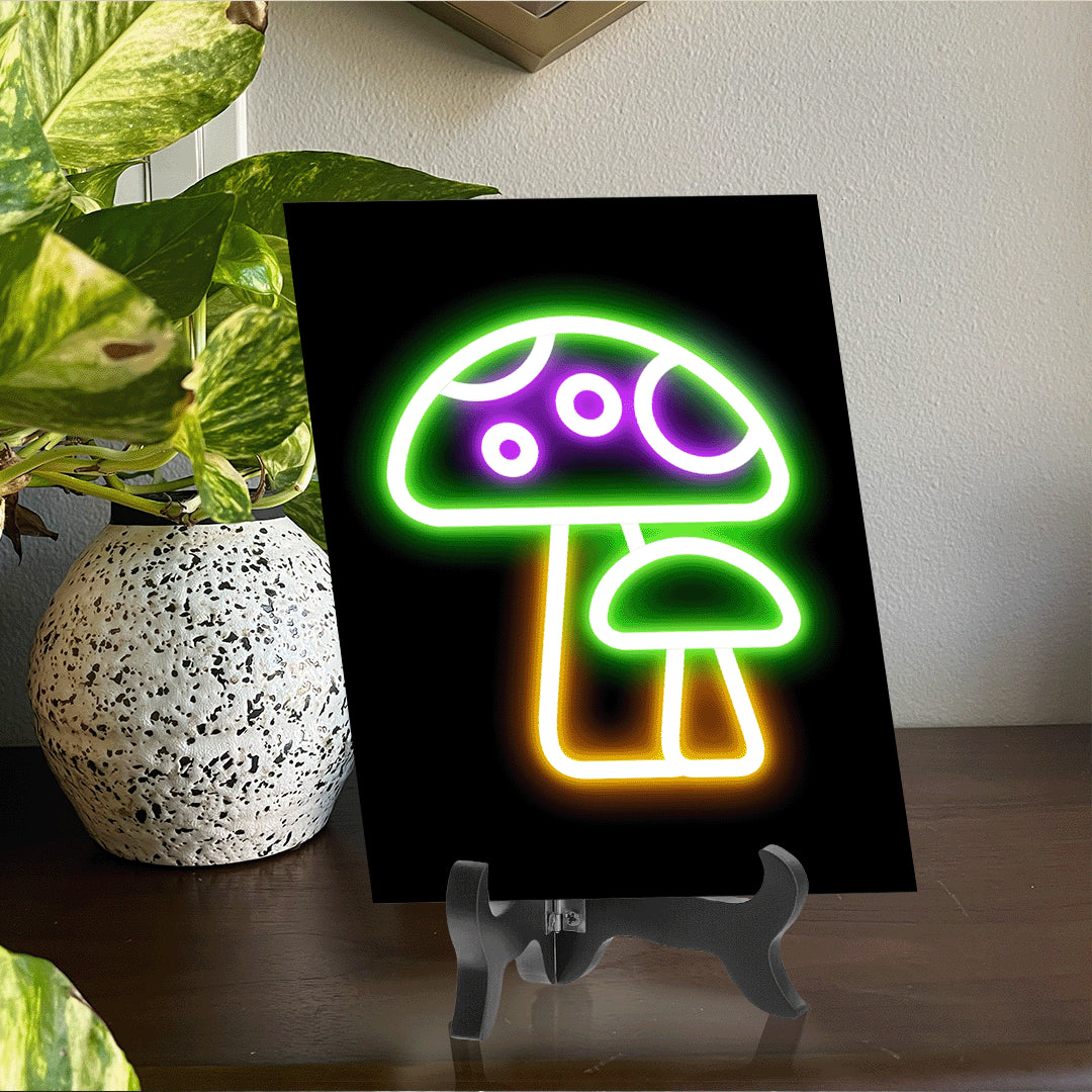 Mushroom Neon Graphic Style Table Sign with Acrylic Stand (6x8“) | Live Streamer Gaming Themed Decoration