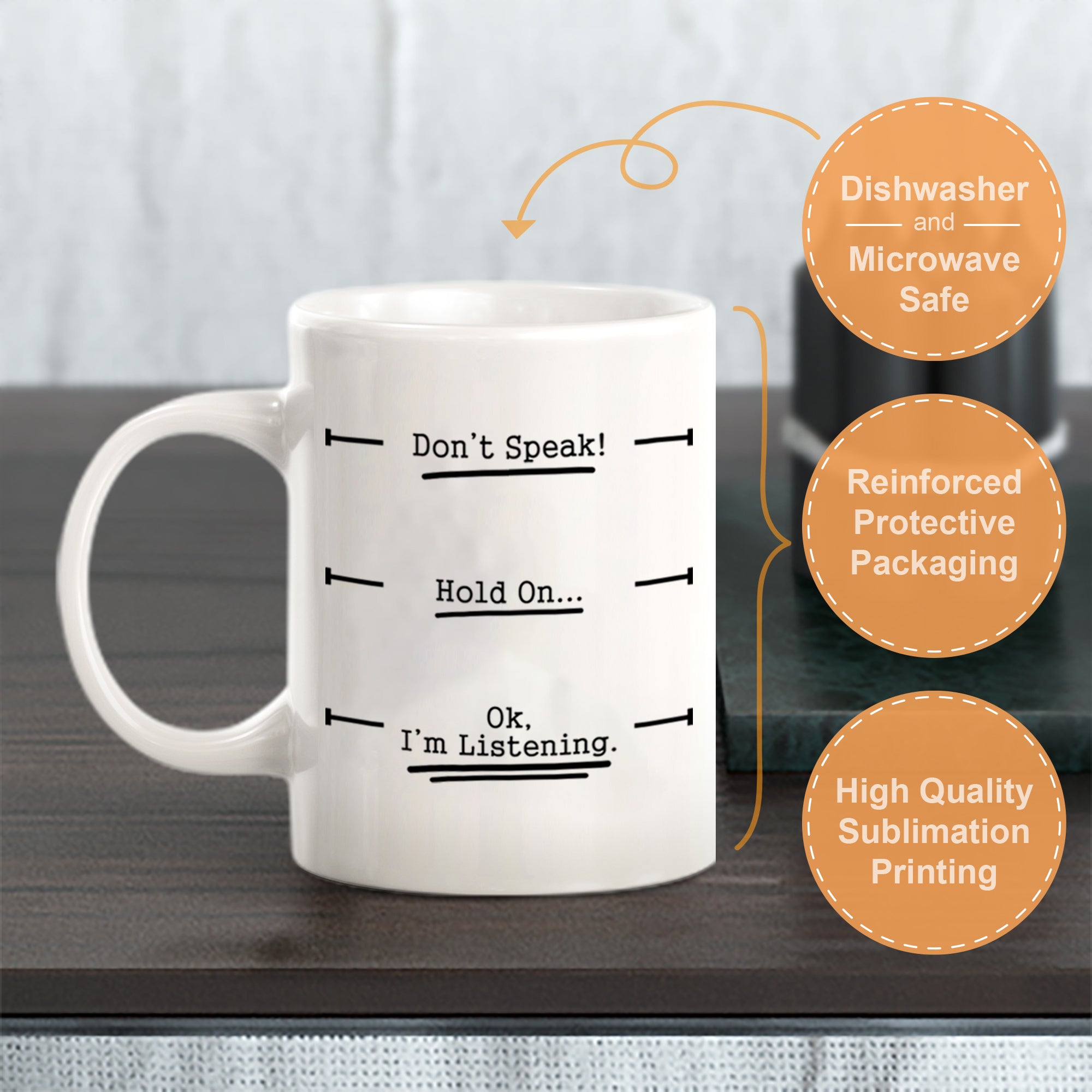Don't Speak! Hold On... Ok, I'm Listening. 11oz Plastic or Ceramic Coffee Mug | Funny Office & Home Cups
