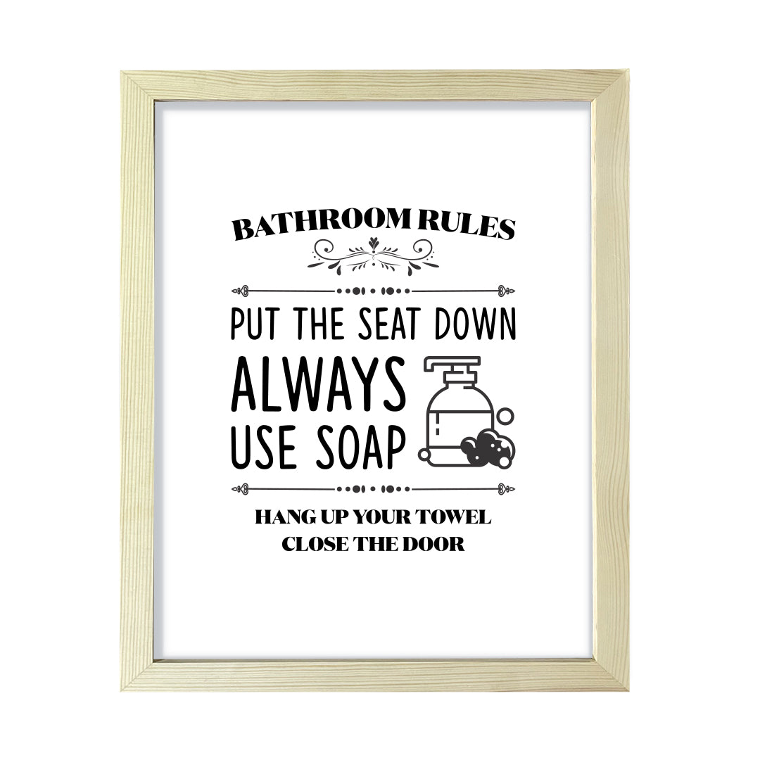 Bathroom Rules Put The Seat Down, Framed Wall Art, Home Décor Prints