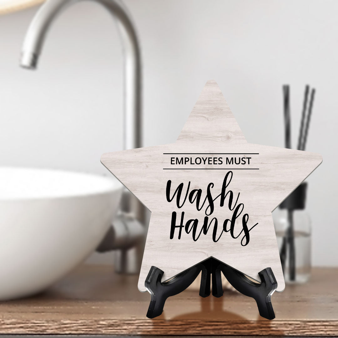 Sign ByLITA Employees Must Wash Hands, Wood Color Star Table Sign (6"x5")