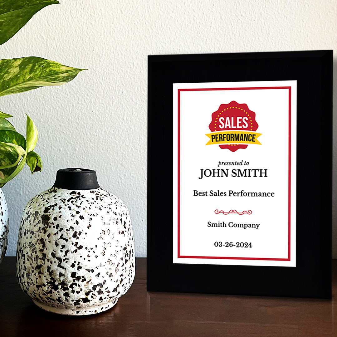 Sales Performance Customizable Black Frame Award Plaque | Easel Mount Option | Achievement and Recognition Personalizable Plaques