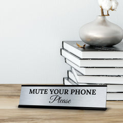 Signs ByLITA Mute Your Phone Please Office Decoration Gift Black Frame Desk Sign (2x8")