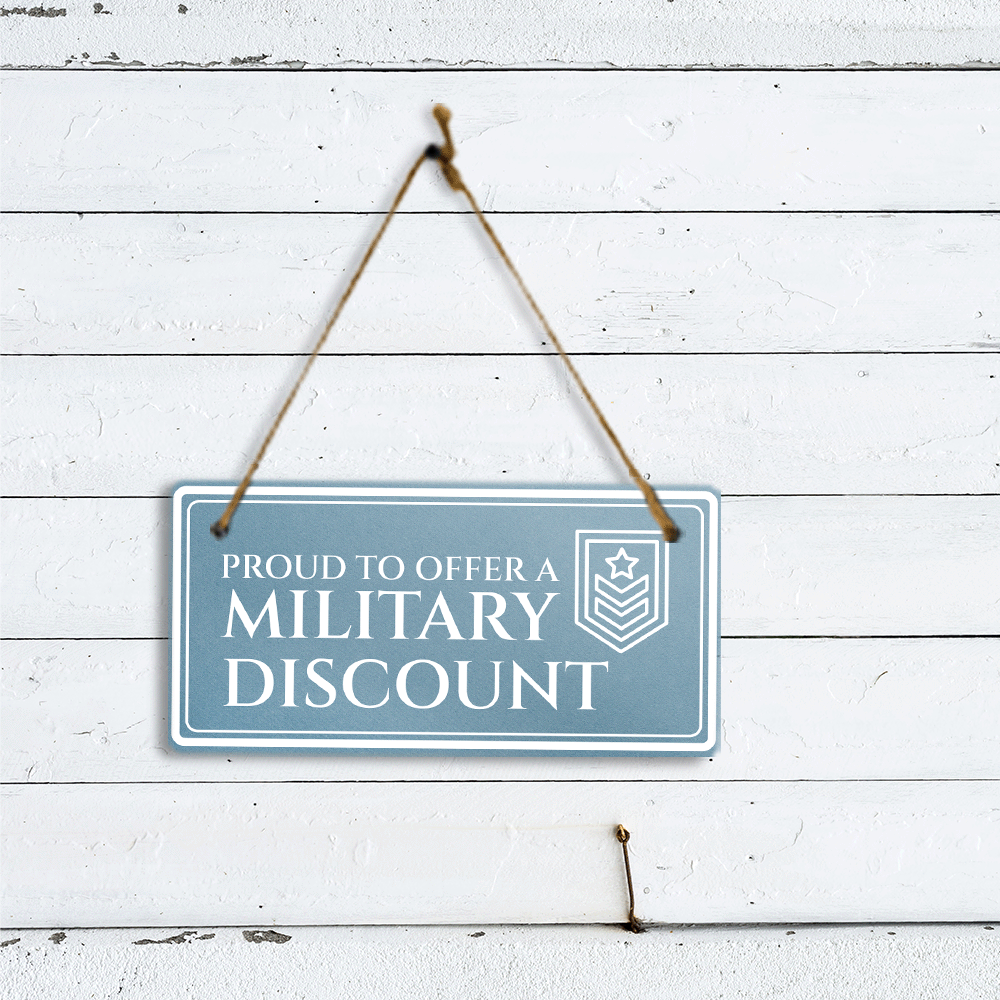 Proud to Offer A Military Discount 5x10 Hanging Plus Wall or Door Sign | Rustic Twine | Business Veteran Support Signage