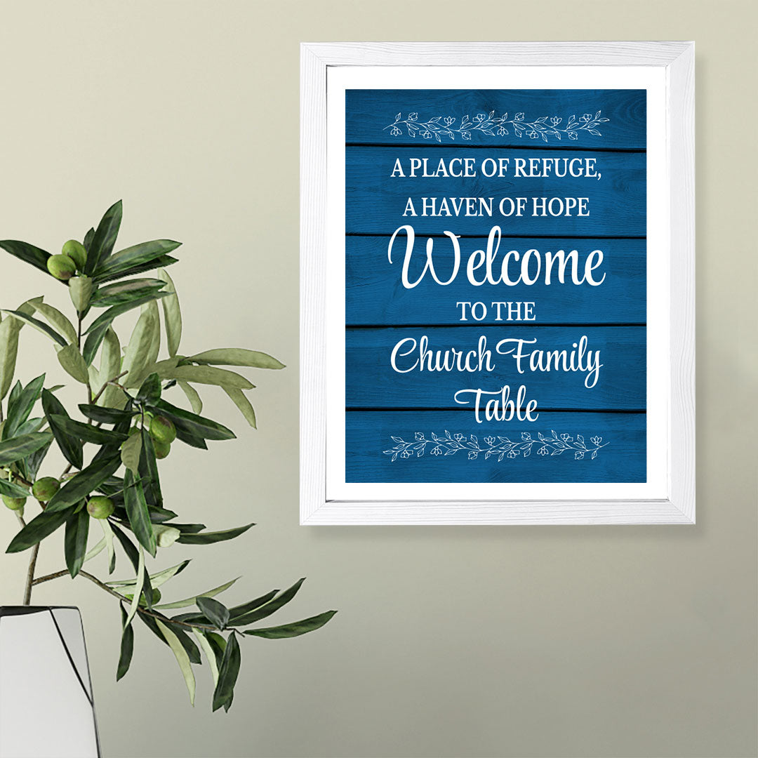 Designs ByLITA A Place Of Refuge, A Haven Of Hope Welcome To The Church Family Table, Framed Wall Art Print | Religious Church & Home Decor