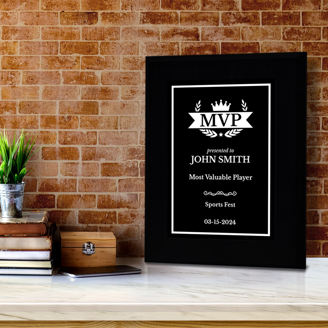 MVP (Most Valuable Player) Customizable Black Frame Award Plaque | Easel Mount Option | Achievement and Recognition Personalizable Plaques