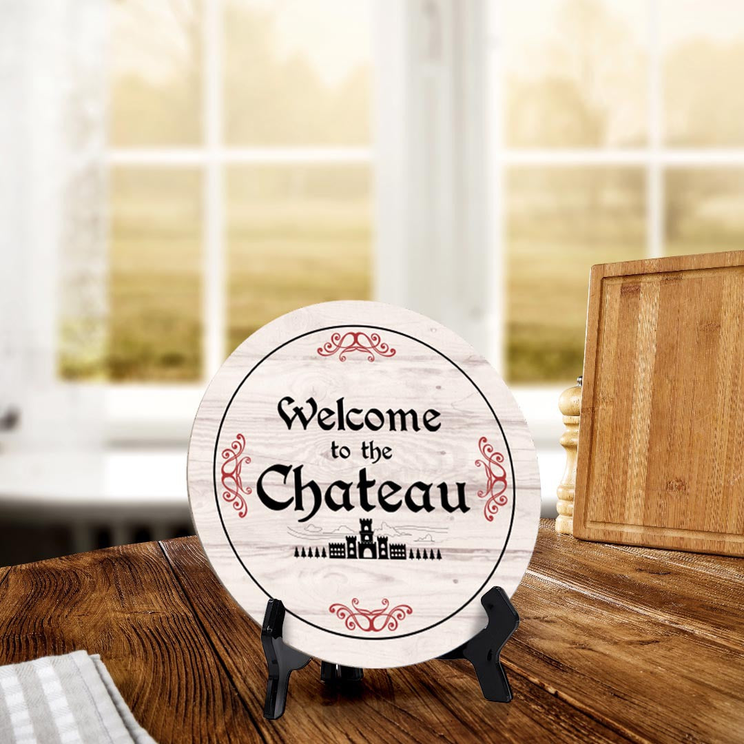 Signs ByLITA Circle Welcome To The Chateau Wood Color, Entrance Decor Table Sign (5"x5")