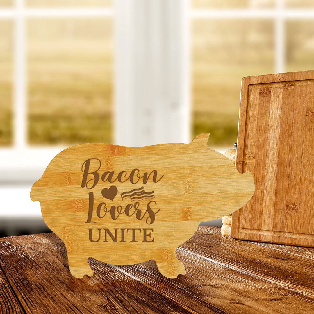 Bacon Lovers Unite (13.75 x 8.75") Pig Shape Cutting Board | Funny Decorative Kitchen Chopping Board