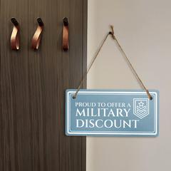 Proud to Offer A Military Discount 5x10 Hanging Plus Wall or Door Sign | Rustic Twine | Business Veteran Support Signage