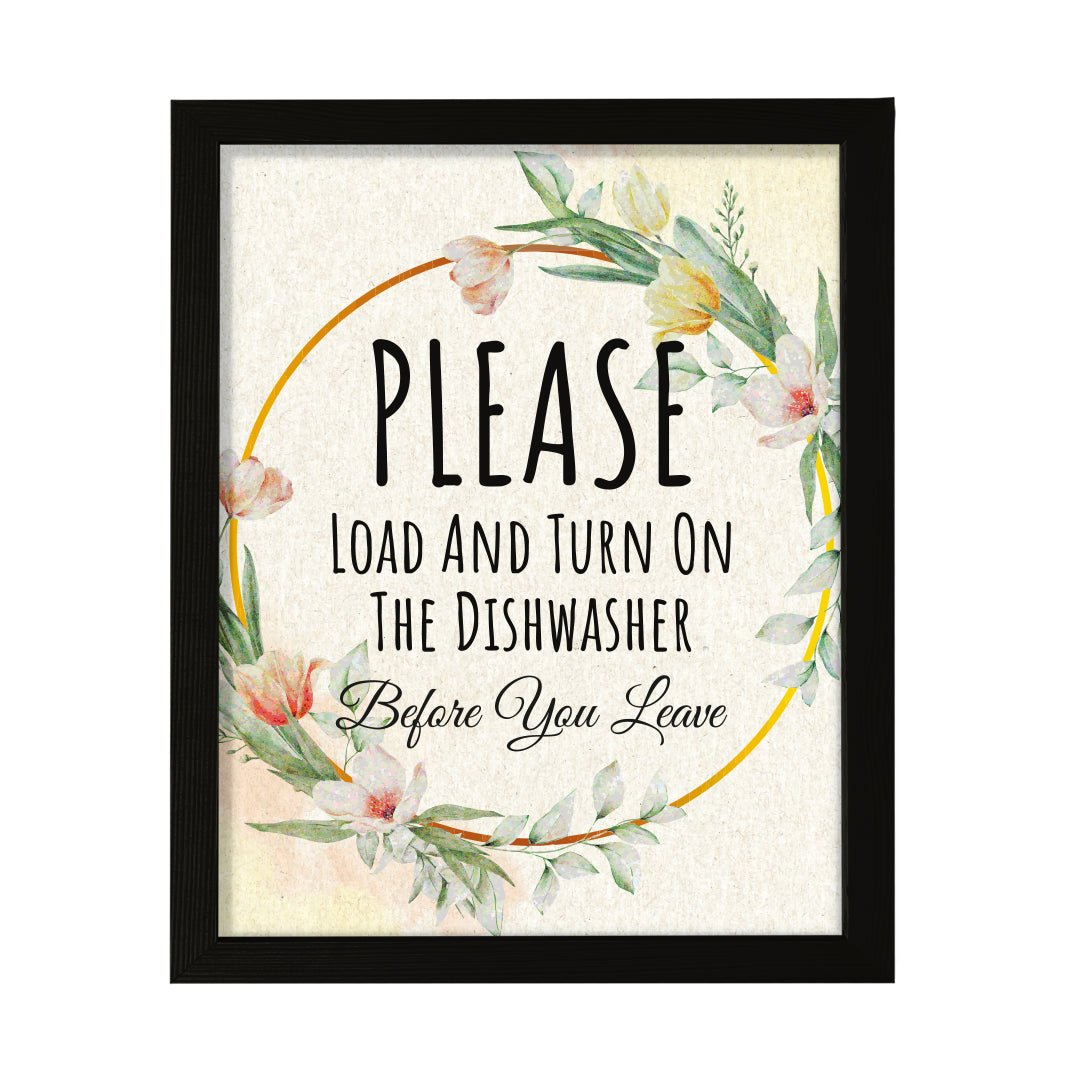 Signs ByLITA Please Load And Turn On The Dishwasher Before You Leave, Floral FRAMED Print Short Term Rentals Guest Signage, Floral FRAMED Print Short Term Rentals Guest Signage Kitchen Hospitality Wall Art