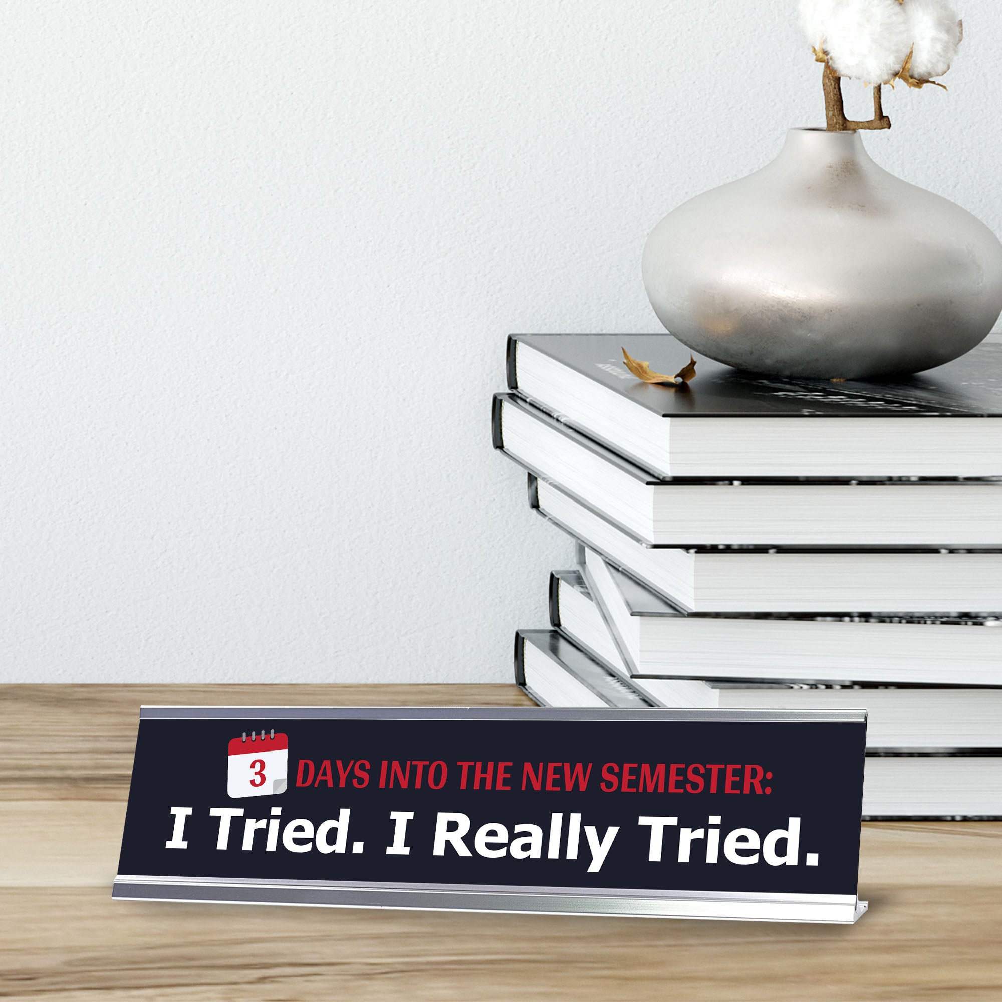 3 Days Into The New Semester: I Tried. I Really Tried, Silver Frame, Desk Sign (2x8")