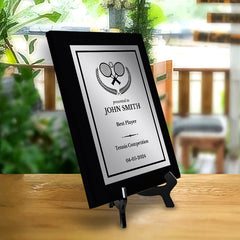 Tennis Customizable Black Frame Wooden Award Plaque | Easel Mount Option | Achievement and Recognition Personalizable Plaques