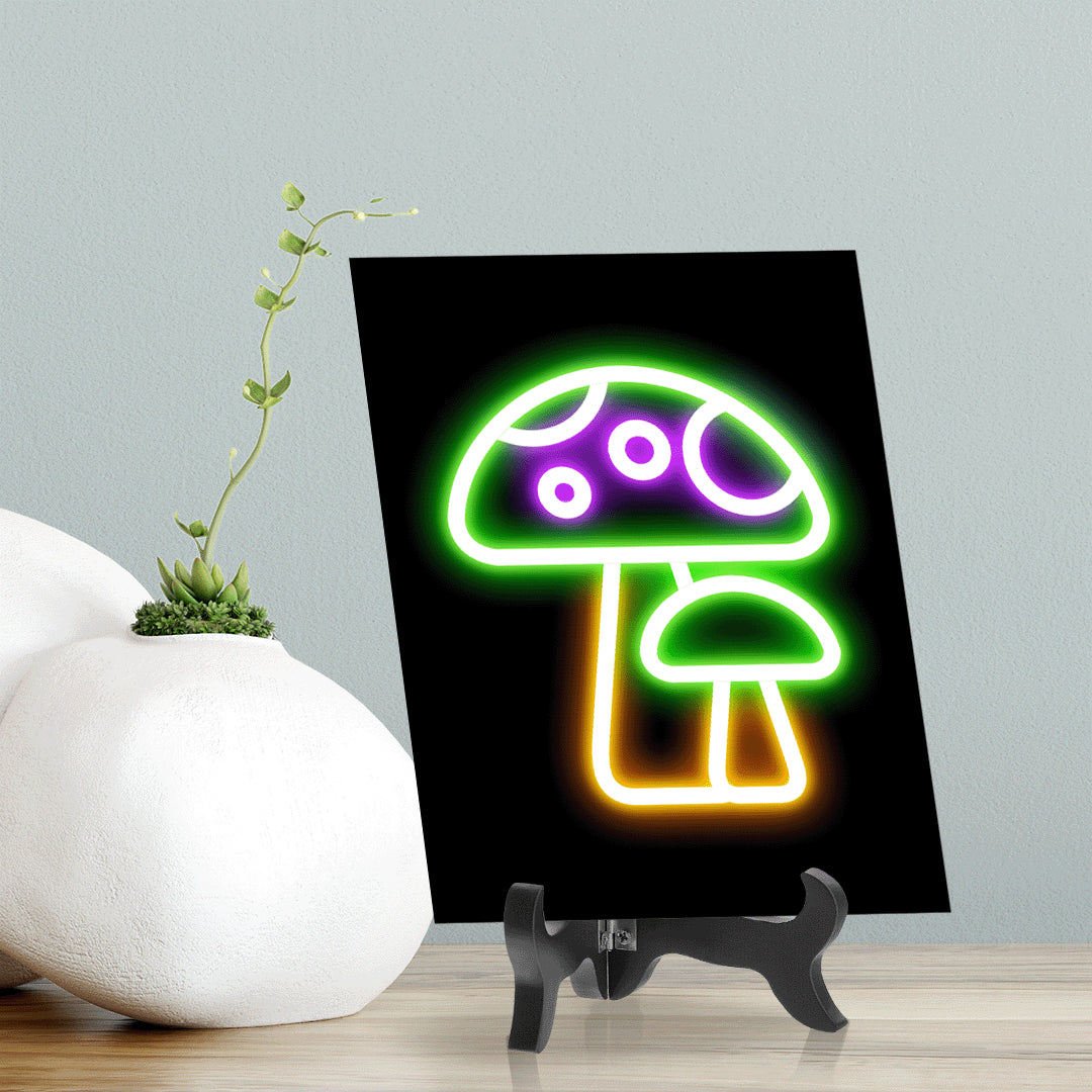Mushroom Neon Graphic Style Table Sign with Acrylic Stand (6x8“) | Live Streamer Gaming Themed Decoration