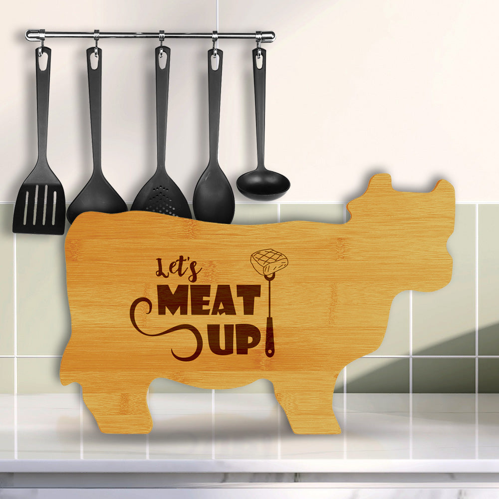 Let's Meat Up 14.75 x 9.75" Cow Shape Cutting Board | Funny Kitchen Chopping Board