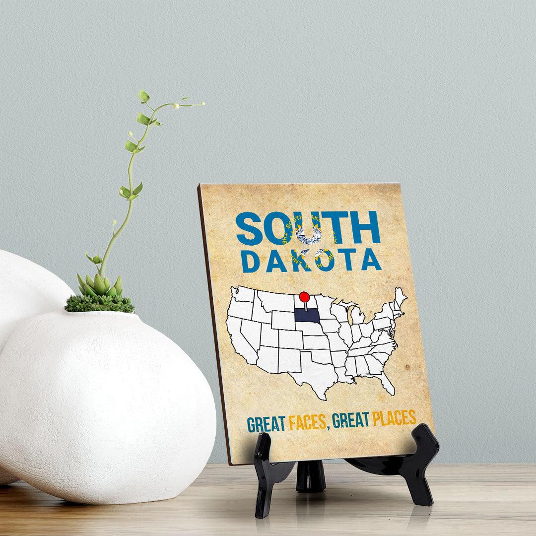 South Dakota: Great Faces, Great Places Table Sign with Acrylic Stand (6x8“) | State Pride Collection | Perfect Gift for Coworkers or Family