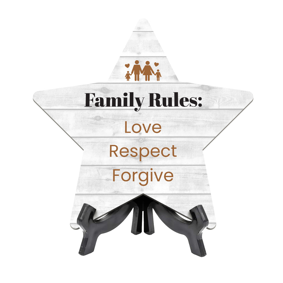 Sign ByLITA Family Rules: Love, Respect, Forgive, Wood Color, Star Bathroom Table Sign (6"x5")