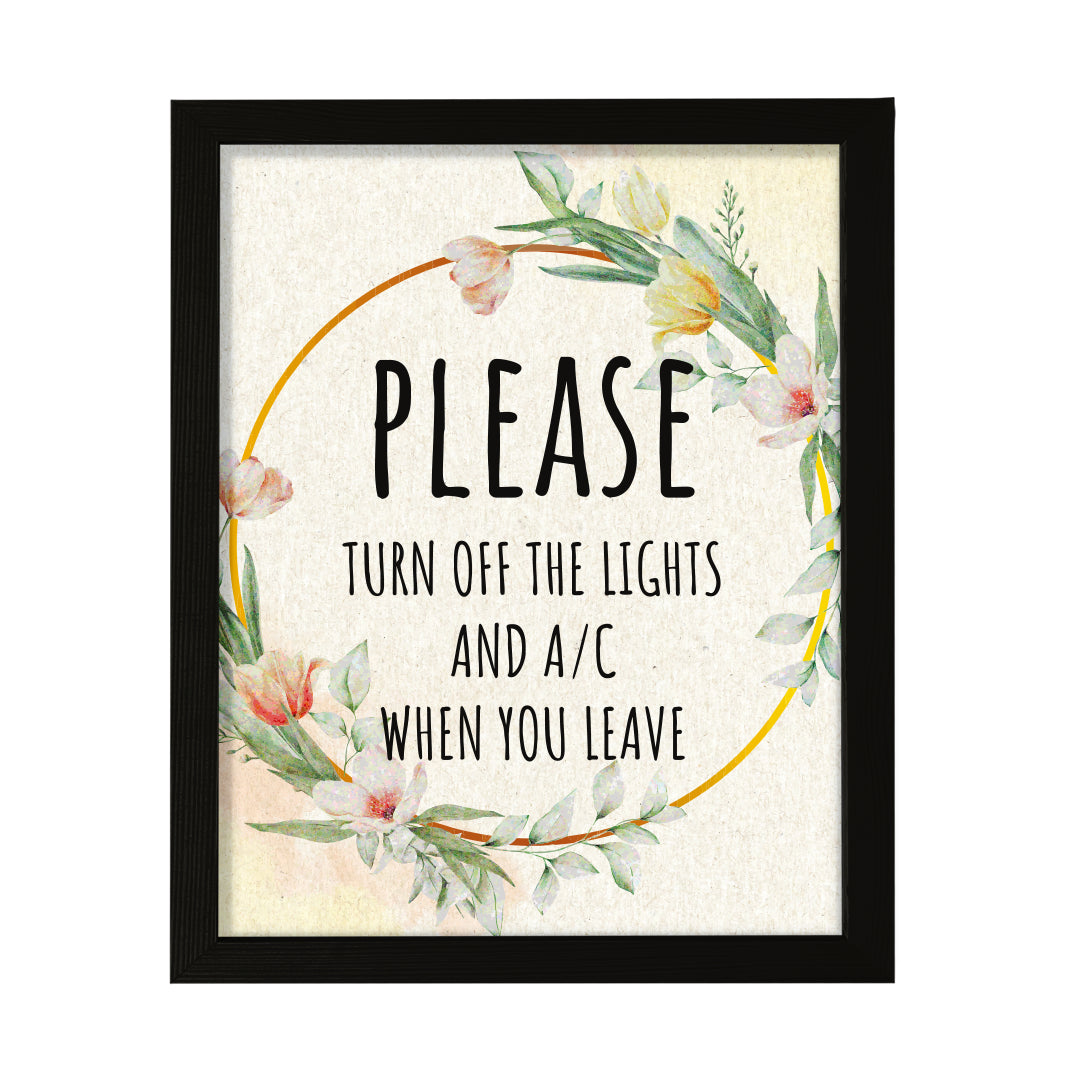 Signs ByLITA Please Turn Off The Lights And A/C When You Leave, Floral FRAMED Print Short Term Rentals Guest Signage Hospitality Wall Art