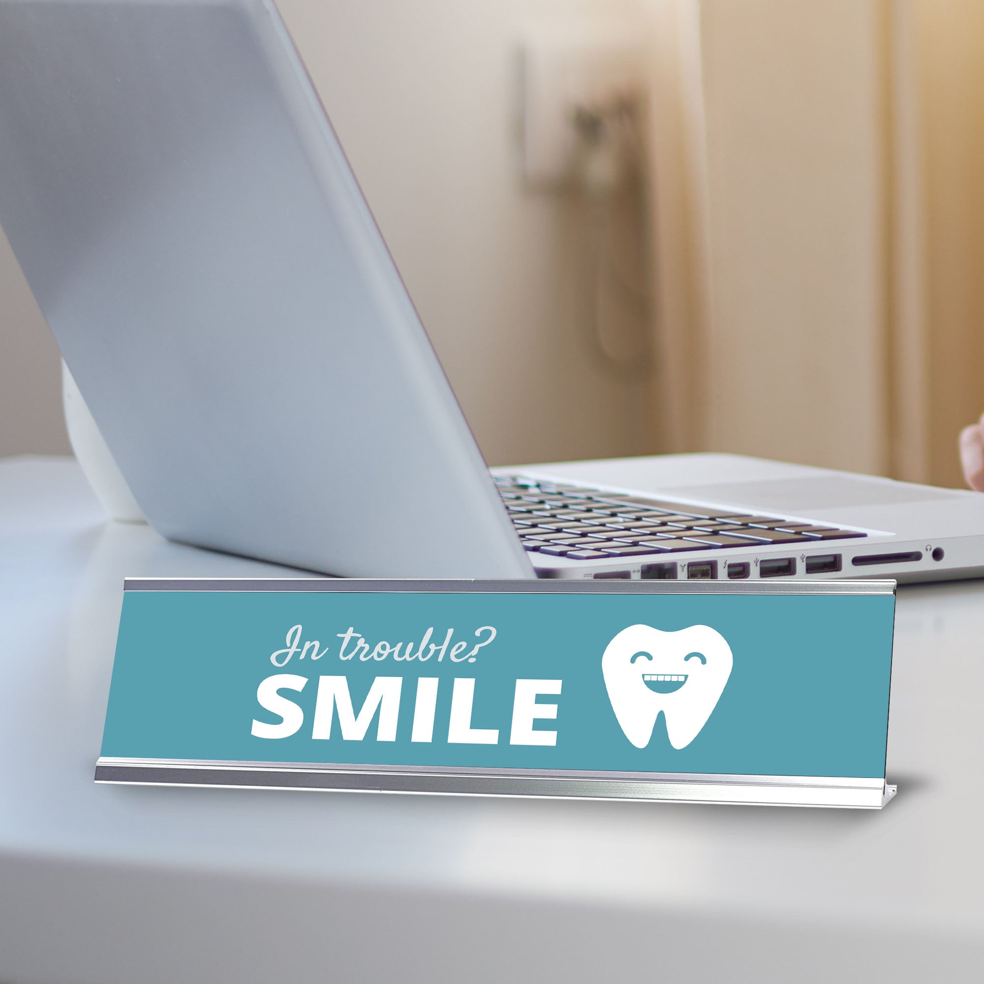 Signs ByLITA In trouble? Smile Dental Office Decor Silver Frame, Desk Sign (2x8“)