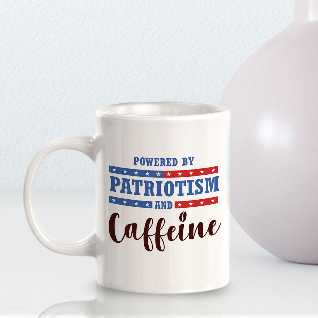 Powered By Patriotism And Caffeine 11oz Plastic or Ceramic Mug | Funny Patriotic Novelty Office Mug