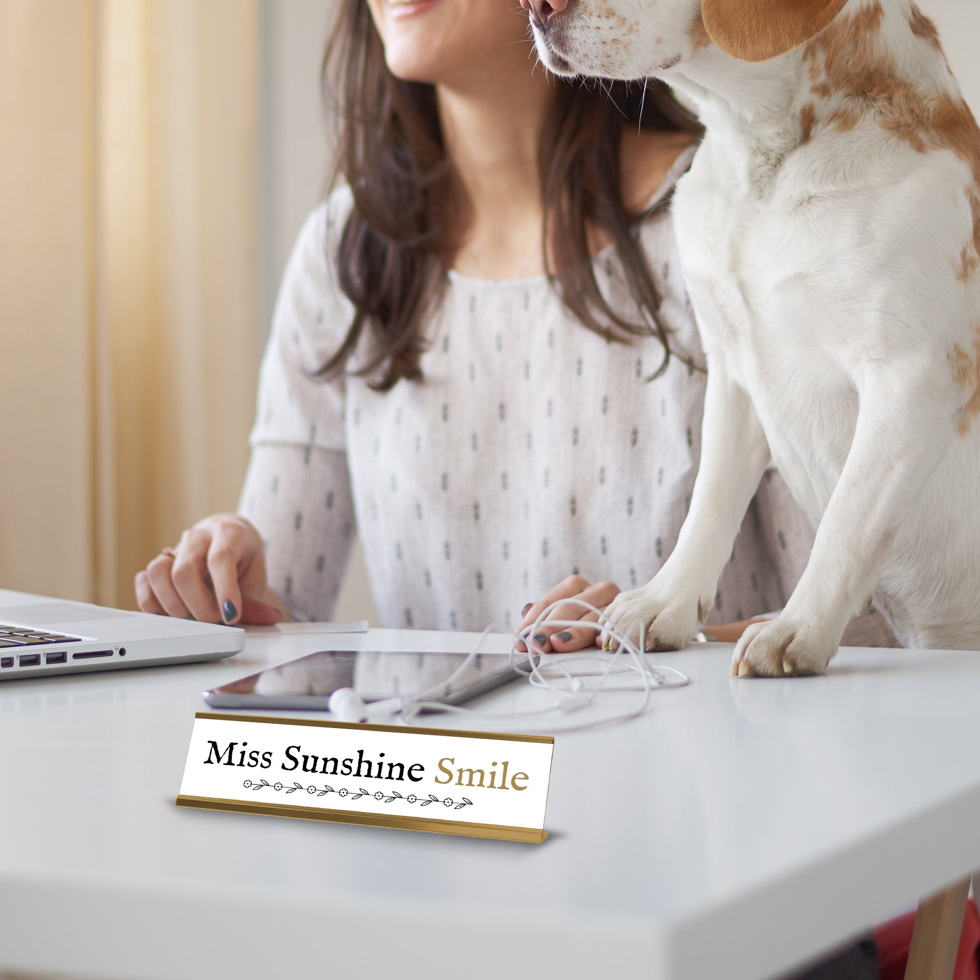 Miss Sunshine Smile Gold Frame Desk Sign (2x8") | Appreciation Idea For Her | Girlfriend| Workspace Decoration