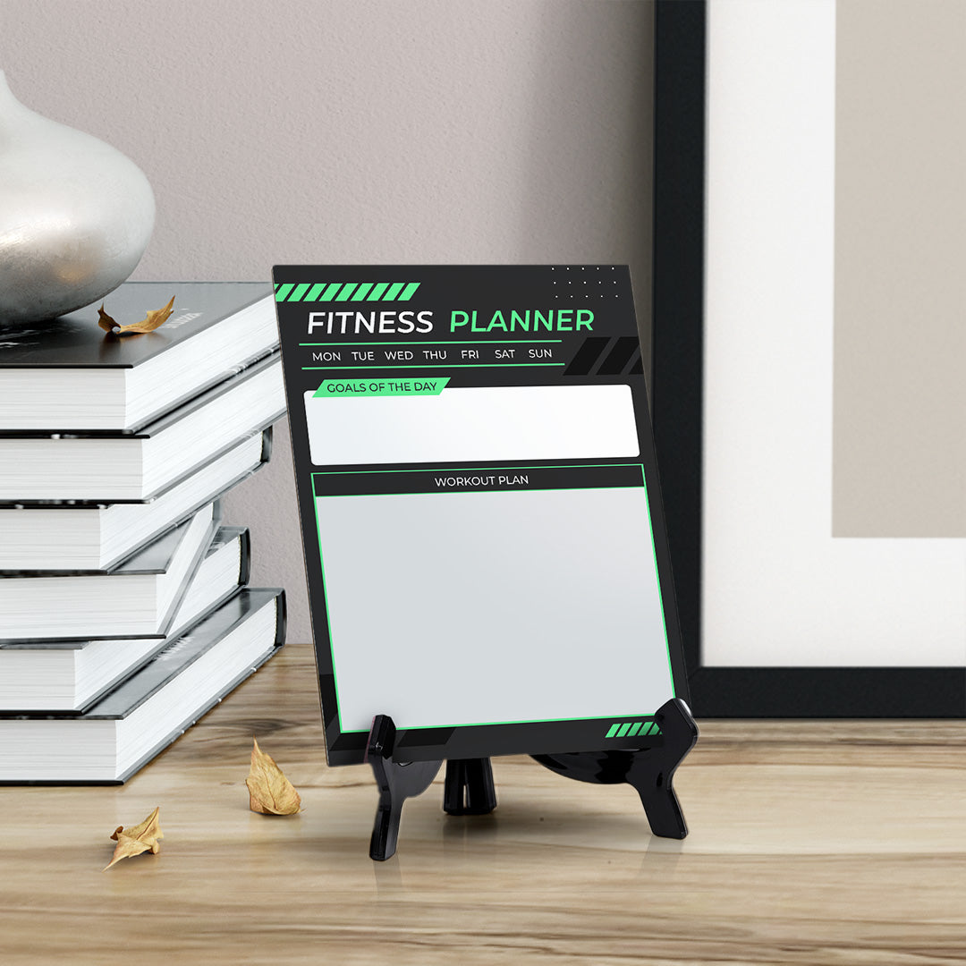 Fitness Planner Dry Wipe Table Sign with Acrylic Stand (6x8“) Office And Home Reminders | Personal Schedule | No Pen Included