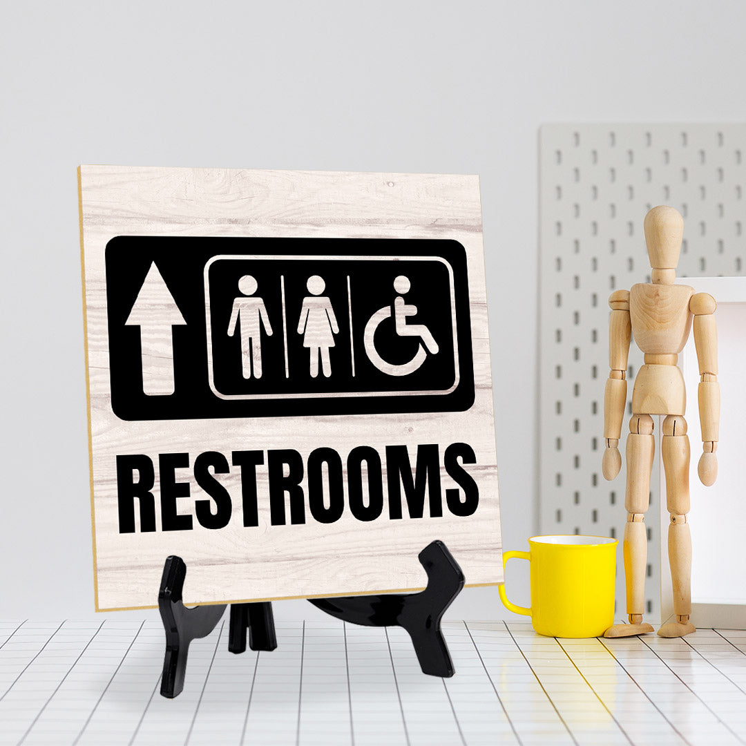 Restrooms Up Arrow 5"x 5" Square Table Sign With Acrylic Easel | Home & Office Decor