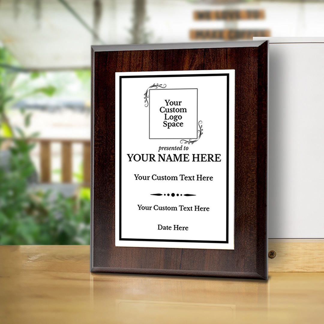 Custom Insert Your Logo (Square) Wreath Award Wooden Plaque | Recognition of Achievement and Service Personalizable Plaques