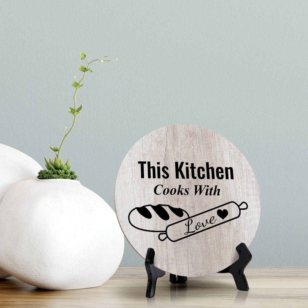 Round This Kitchen Cooks With Love, Wood Color Table Sign (5x5")