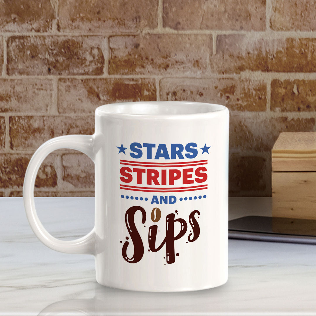 Stars, Stripes & Sips 11oz Plastic or Ceramic Mug | Funny Patriotic Novelty Office Mug
