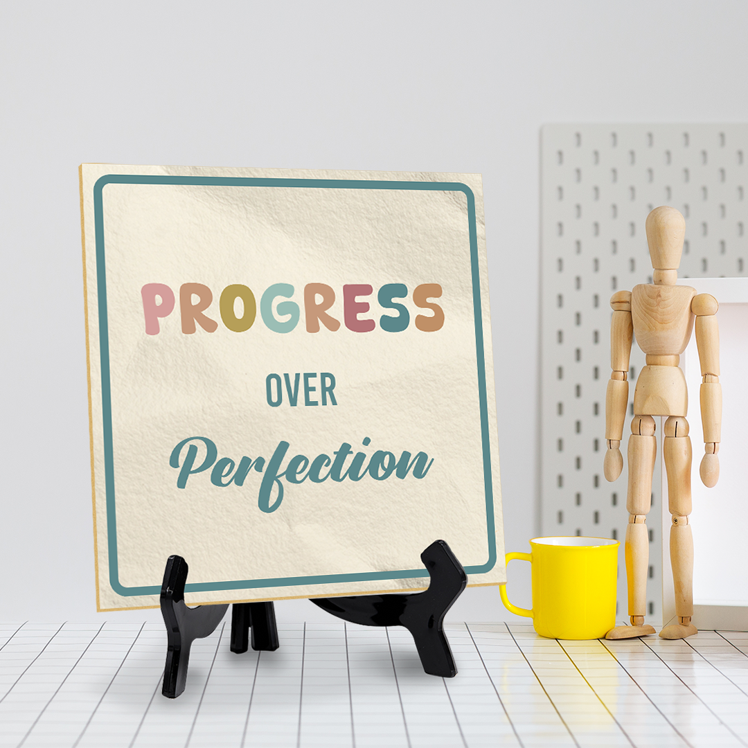 Progress Over Perfection 5"x 5" Square Table Sign With Acrylic Easel | Motivational Home Décor