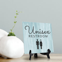 Signs ByLITA Unisex Restroom, Wood Color, Square Table Sign (5" x 5”)