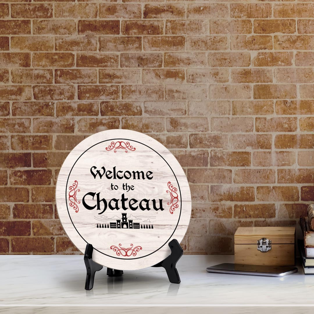 Signs ByLITA Circle Welcome To The Chateau Wood Color, Entrance Decor Table Sign (5"x5")