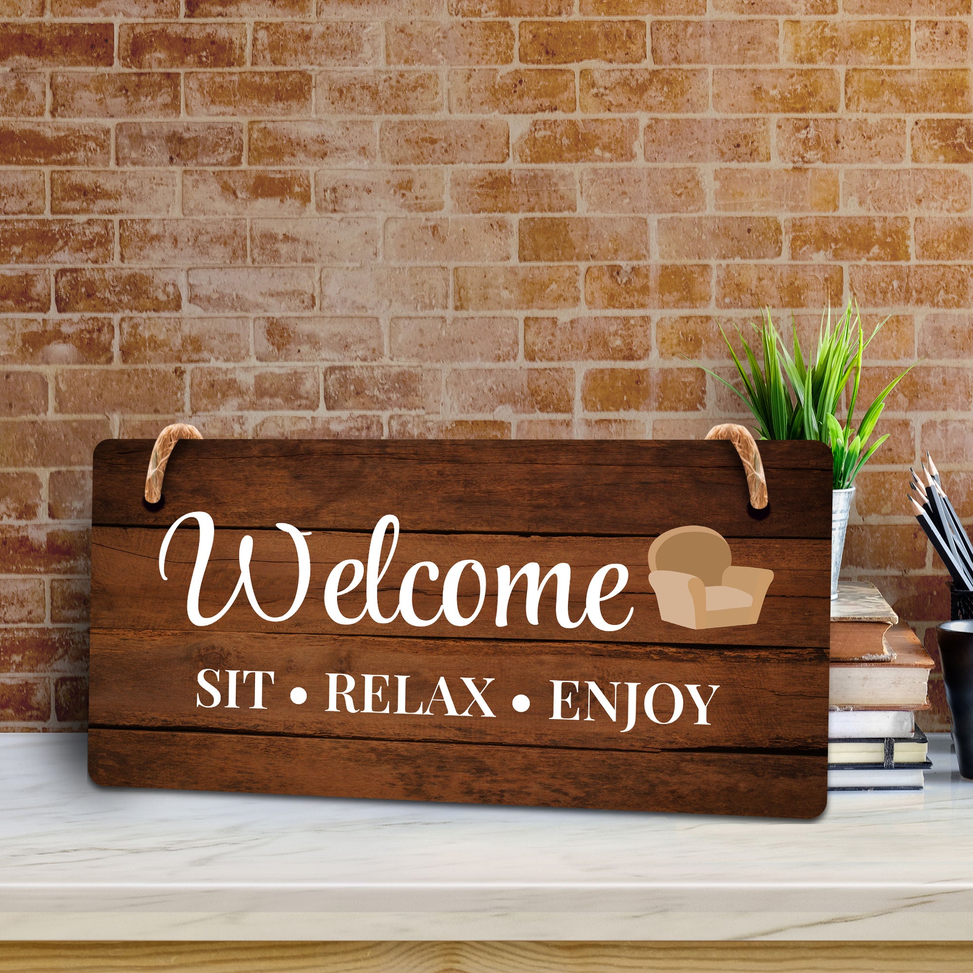 Welcome Sit Relax Enjoy 5x10 Hanging Wall or Door Sign | Home Decor | Family Home Decor
