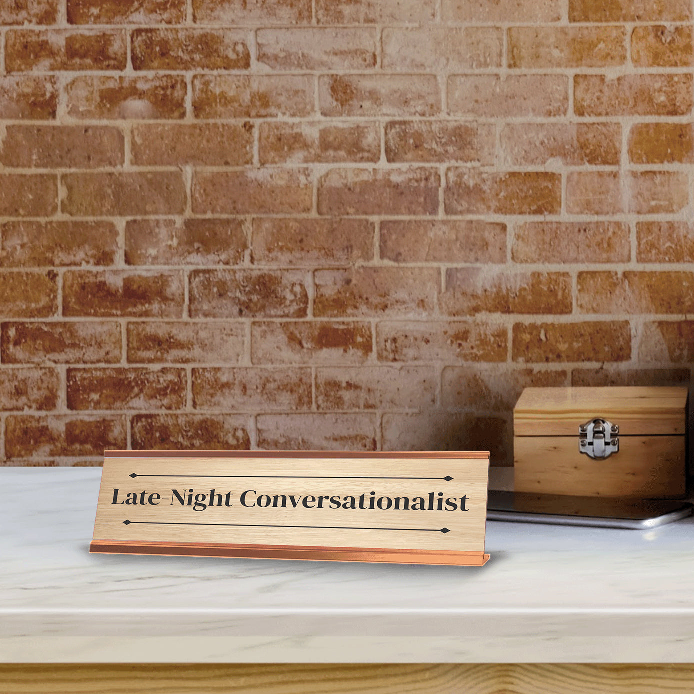 Late-Night Conversationalist Rose Gold Frame Desk Sign (2x8") | Novelty Workplace and Home Office Decoration For Him
