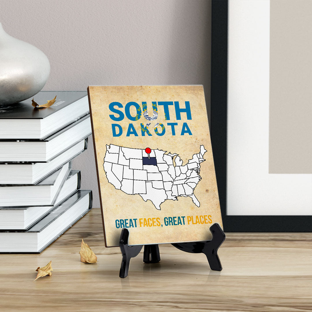 South Dakota: Great Faces, Great Places Table Sign with Acrylic Stand (6x8“) | State Pride Collection | Perfect Gift for Coworkers or Family