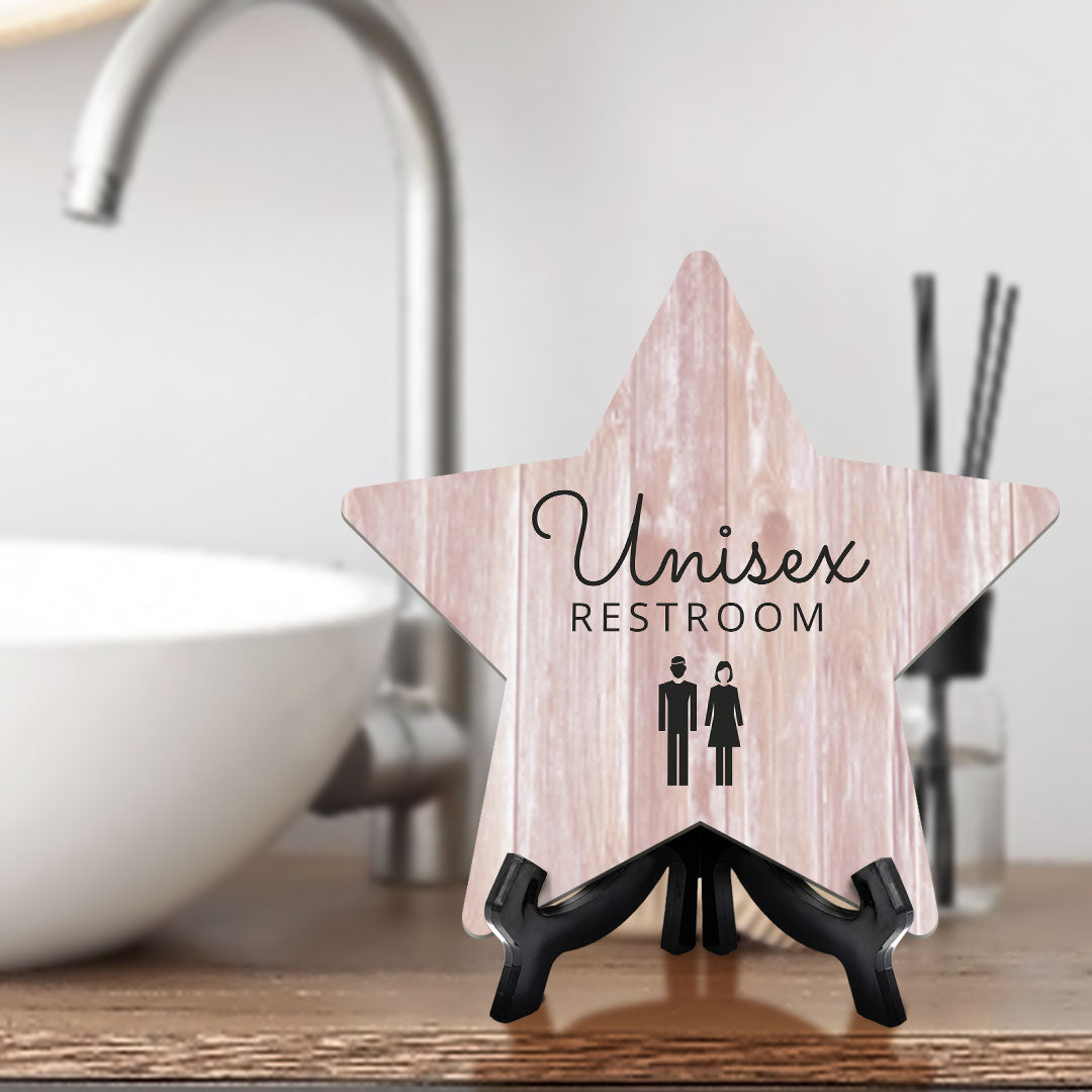 Sign ByLITA Unisex Restroom, Wood Color, Star Table Sign (6"x5")
