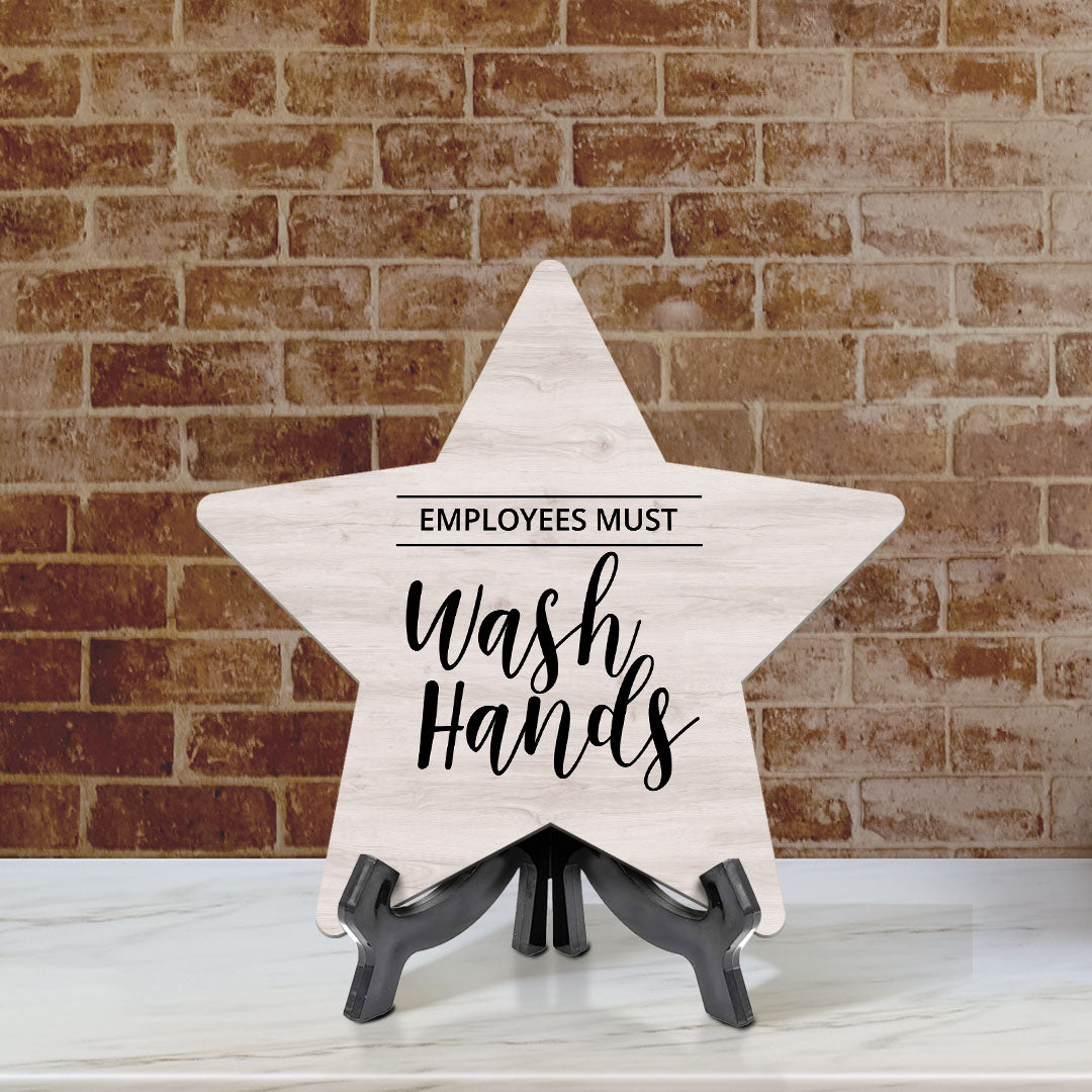 Sign ByLITA Employees Must Wash Hands, Wood Color Star Table Sign (6"x5")