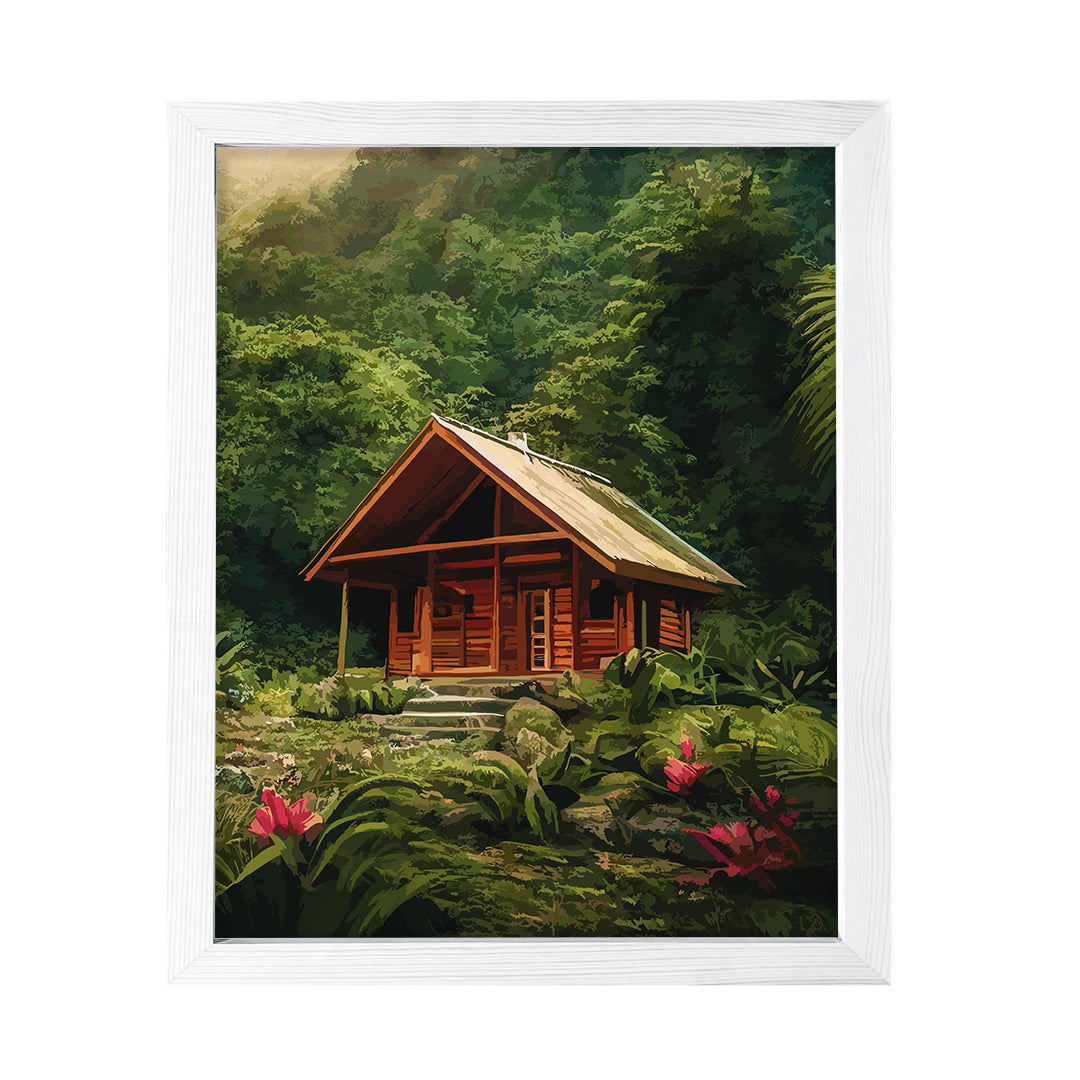 Tropical Jungle Cabin Retreat, Framed Print Sign Easy Installation | Forest and Trees | Stylish Modern Decoration For The Home and Officer
