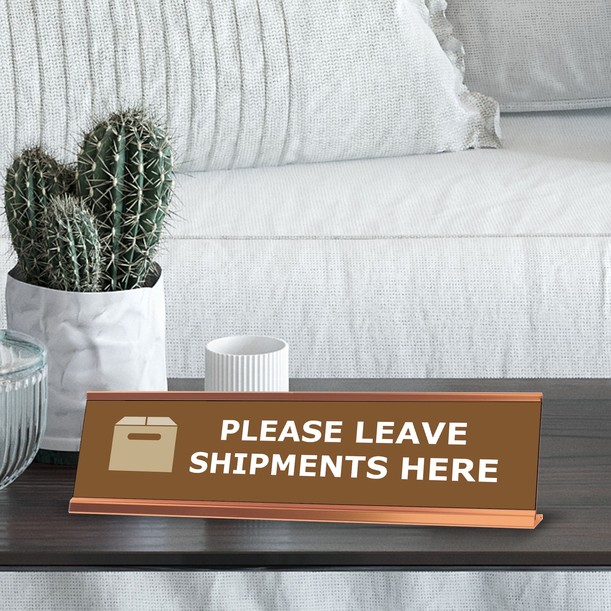 Please Leave Shipments Here, Brown Gold Frame, Desk Sign (2 x 8")