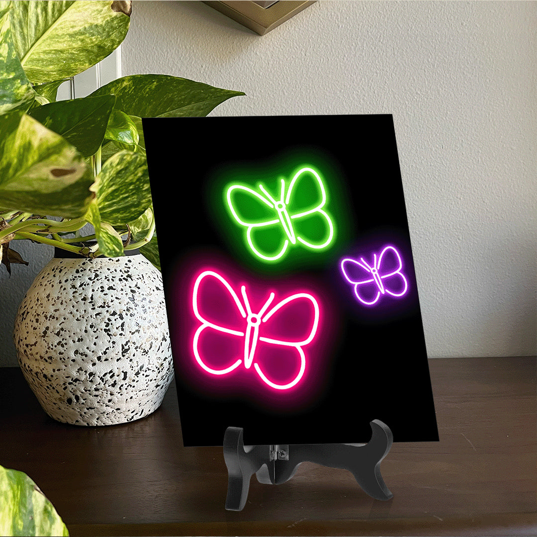 Butterflies Neon Graphic Style Table Sign with Acrylic Stand (6x8“) | Live Streamer Gaming Themed Decoration