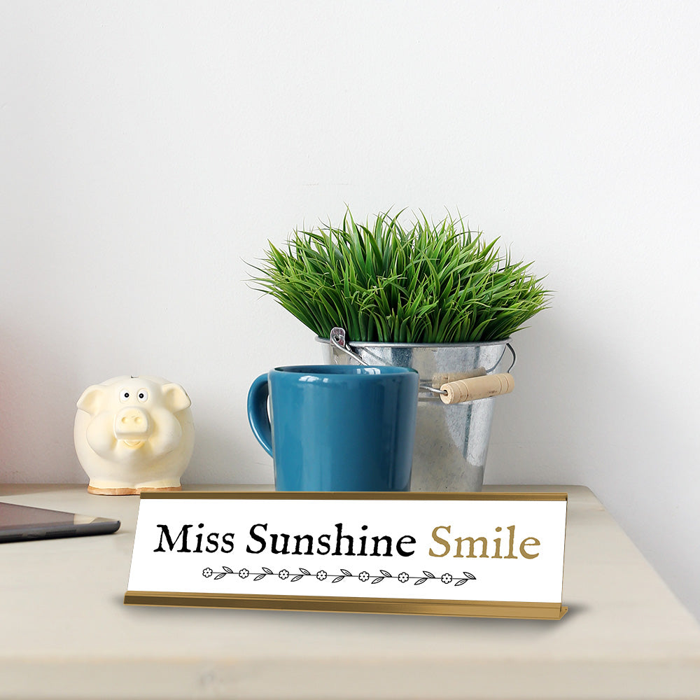 Miss Sunshine Smile Gold Frame Desk Sign (2x8") | Appreciation Idea For Her | Girlfriend| Workspace Decoration