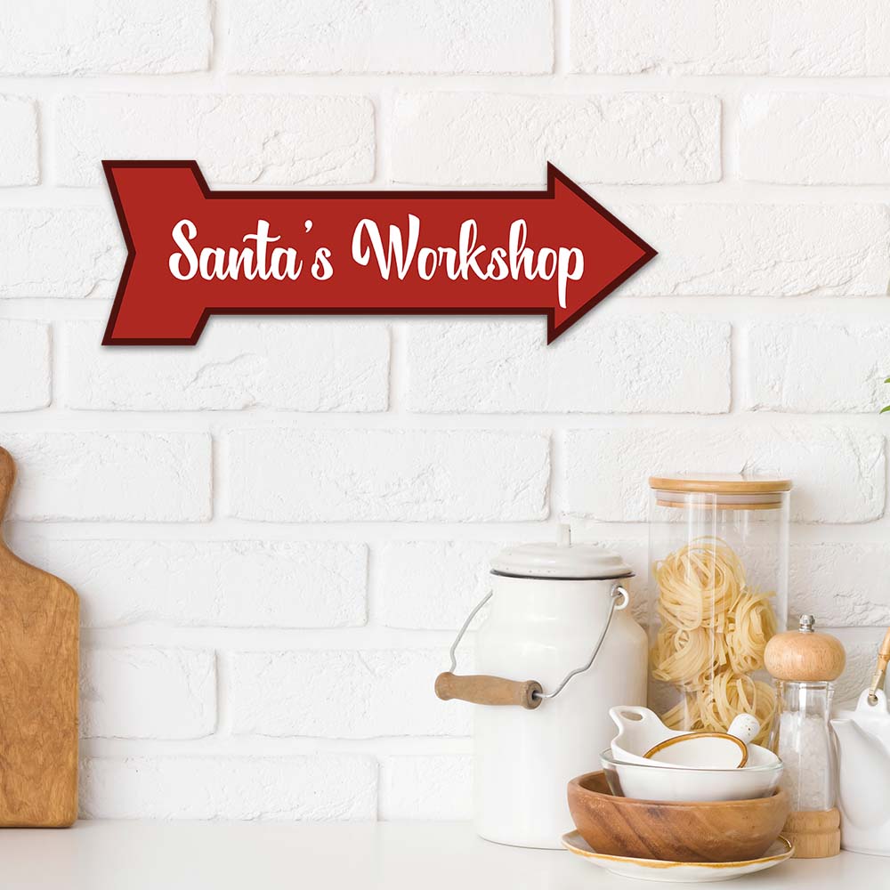 Arrow Shape Plus Santa's Workshop 12x4" Wall or Door Sign | Christmas Holiday Decoration