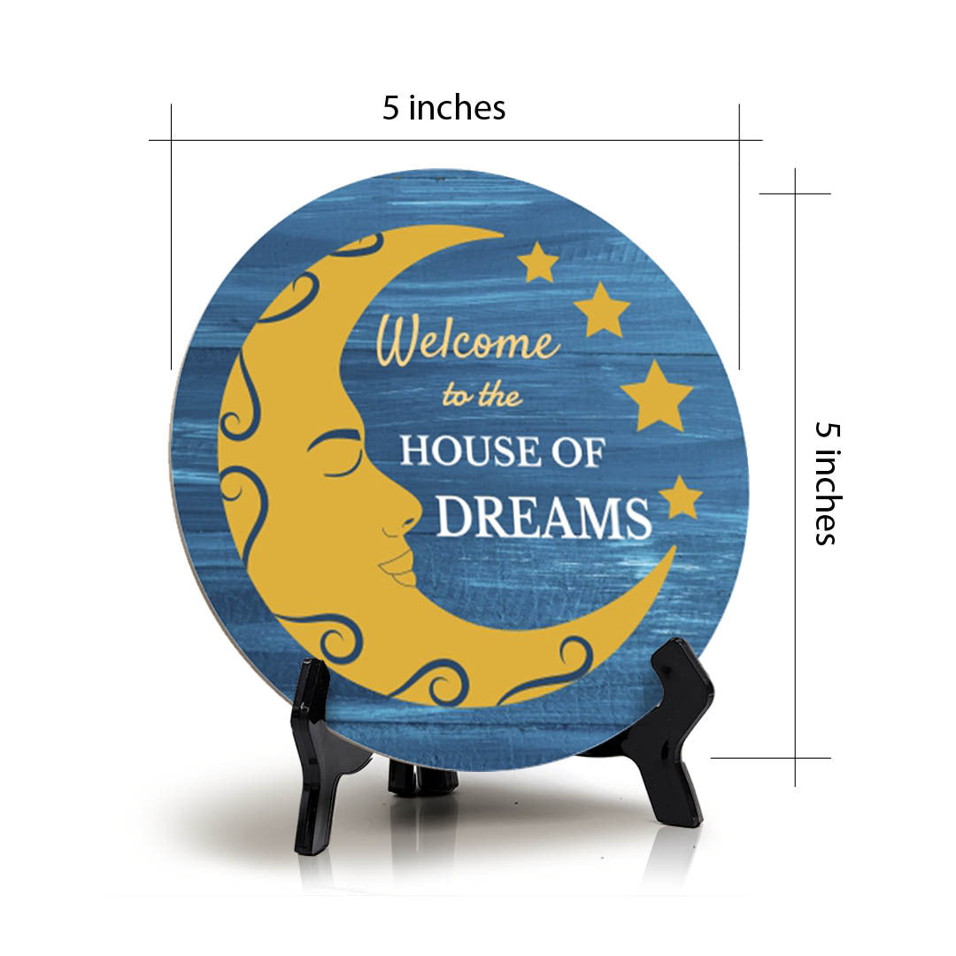Signs ByLITA Circle Welcome to The House of Dreams Wood Color, Entrance Decor Table Sign (5"x5")