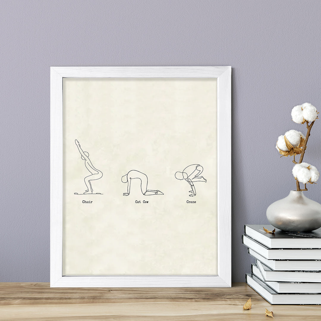 Chair, Cat Cow, Crane Yoga Pose, FRAMED Print Yoga Wall Art